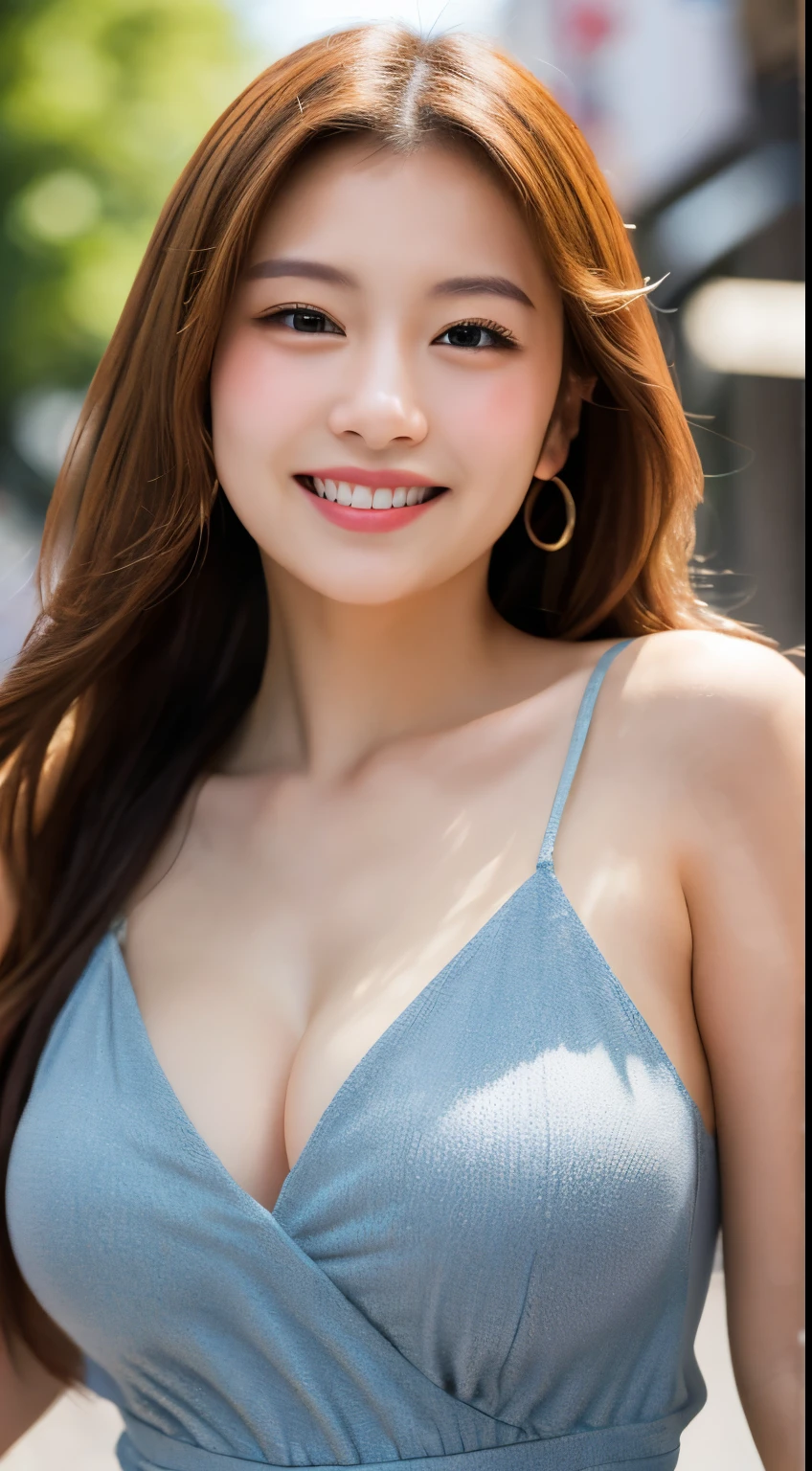 Tabletop, highest quality, figure, Super detailed, In detail, High resolution, 8k wallpaper, Perfect dynamic composition, Beautiful fine details, dress,Medium Hair, Big Breasts, Natural color lip, Random sexy poses,smile,Aoyama Street Walk、20-year-old girl