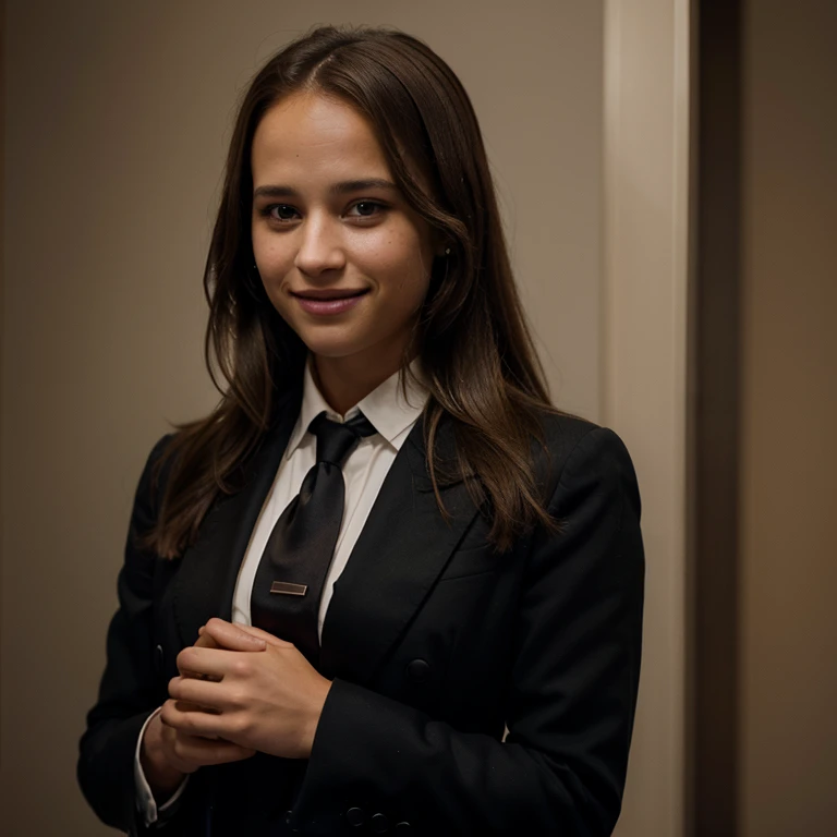 Alicia Vikander dressed in a suit and tie smiling
