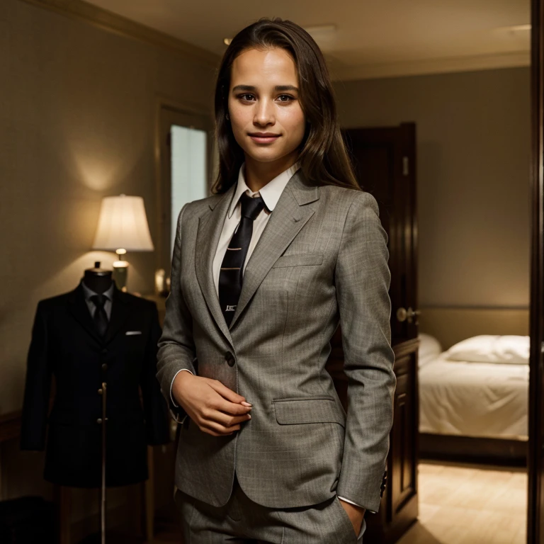 Mujer con traje de colegiala mirada sexi encima de la cama recostada