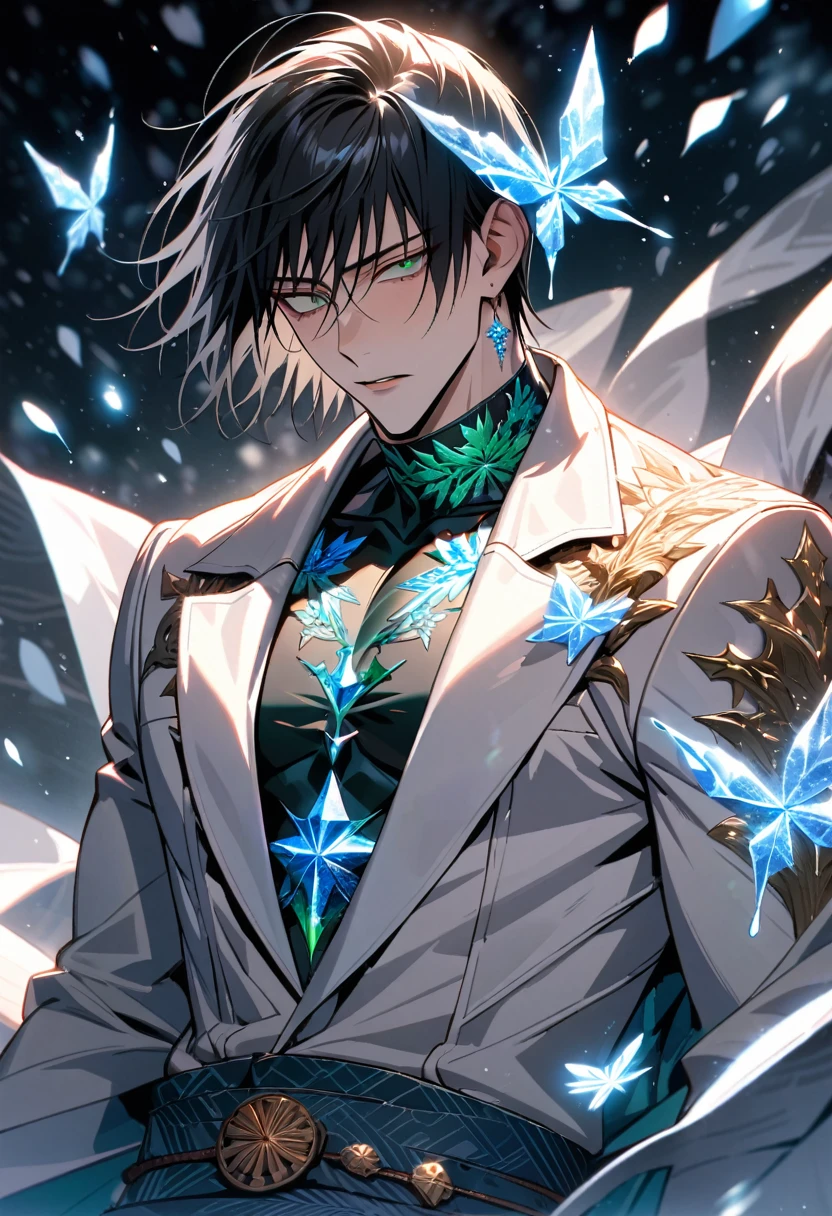 Ultra detailed, Highres, absurdres, HDR, Fushiguro Touji, black straight hair, expressive green eyes, white prince coat with patterns, Jujutsu Kaisen, white flowers, winter, ice, snowflakes, petals, handsome, sexy man, solo, very detailed eyes and face, ice butterflies, master piece, toned chest, glittering, fantasy,