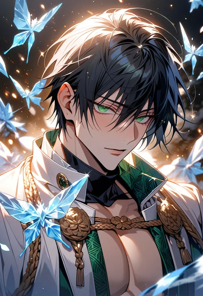 Ultra detailed, Highres, absurdres, HDR, Fushiguro Touji, black straight hair, expressive green eyes, white prince coat with patterns, Jujutsu Kaisen, white flowers, winter, ice, snowflakes, petals, handsome, sexy man, solo, very detailed eyes and face, ice butterflies, master piece, toned chest, glittering, fantasy,