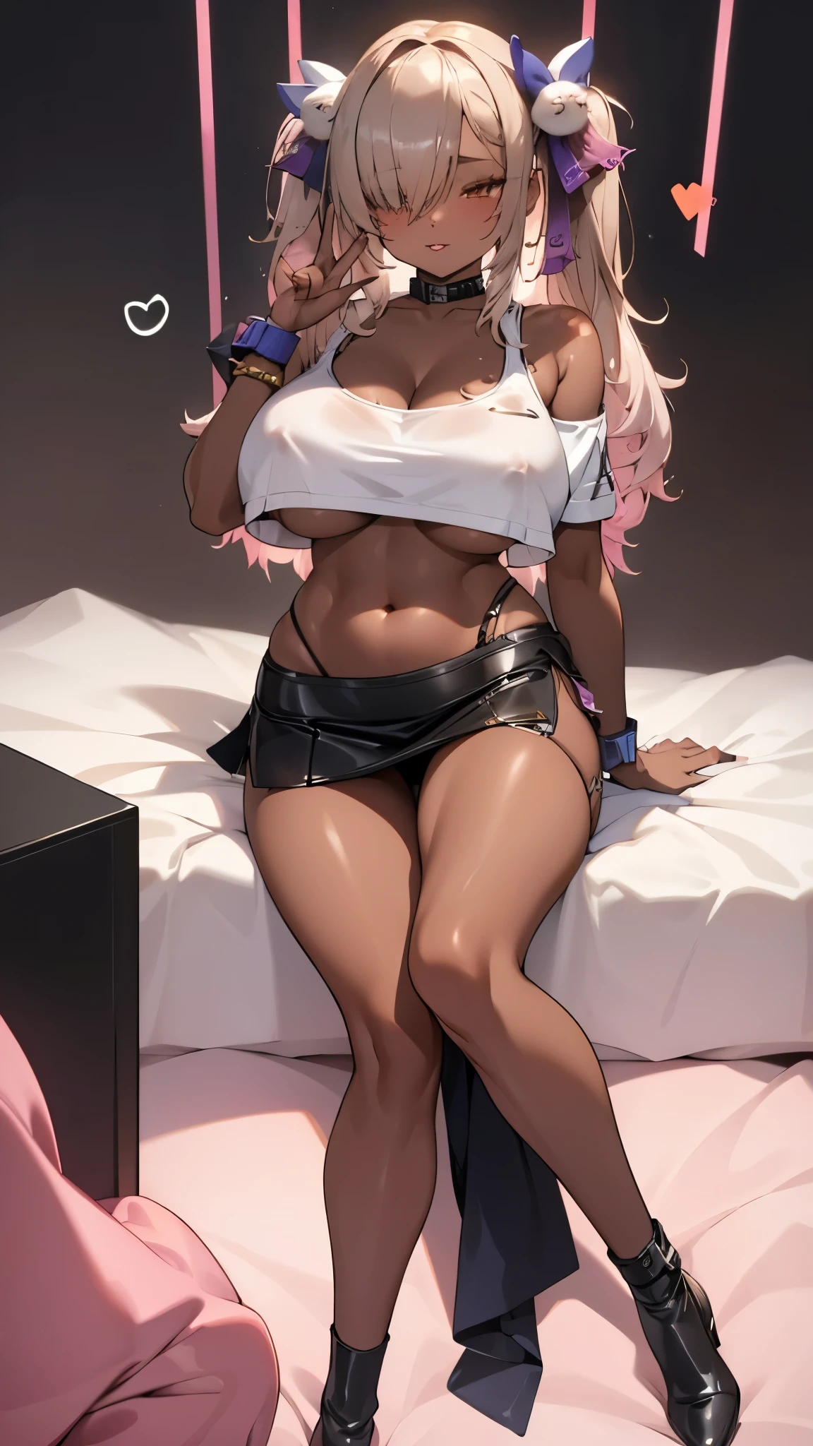 (MEGA Breasts:1.5), Big cleavage Exclamation mark, Moaning, Many Hearts,Spoken Heart, Comic Strip, lots of heart speech bubbles,(Oversized long t-shirt with bare shoulders)、(Pure white gold hair and dark brown skin:1.5,Bitch、Gyarul、BitchGal、Underboob:1.0, Shiny Leather Mini Skirt、Pink bed, sexy、thin、 slender Model Body Type、skinny、Heavy makeup, gyaru Makeup)、Full Shot, (Dark closed room:1.8)、A beautiful 18year old girl with perfect details seduces、Teasing、sexy bodycon costume、Sit wide open
