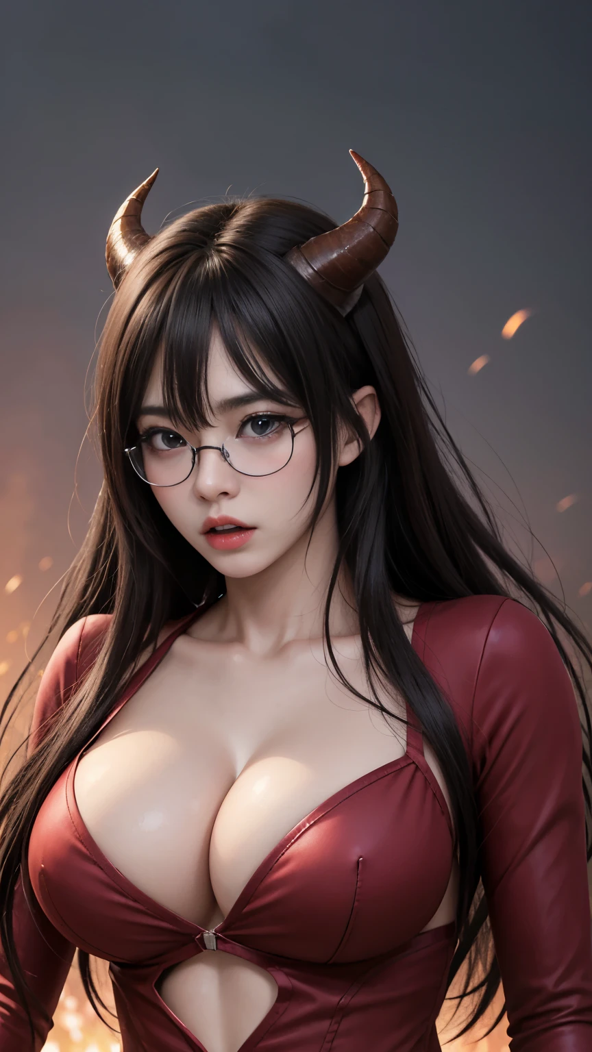 巨big ，Sparkling eyes，Purple eyes、girl、(highest quality,4K,8k,High resolution,masterpiece:1.2),Very detailed,(Realistic,photoRealistic,photo-Realistic:1.37),Mythical monster,Beast-like creature,Muscular、((((Glasses、Big Breasts)))),Six big legs,Stand like a gorilla,Red fur covering the body,two big horns,Drill teeth,Sharp Claws,Huge shape,Burning Fire Magic,Energy aura,A threatening presence,Glowing Eyes,Intimidating posture,Dark Environment,Smoke-filled air,Ominous Shadow,Majestic and fierce,Explosive power,Vibrant colors,bold,Horror art style,moving composition,Dramatic lighting,rib layer,large sharp teeth,Sharp Edges,Very detailedスケール,Burning Crack,Burning Flames,Furious expression,Burning with anger,Surrounded by sparks and embers