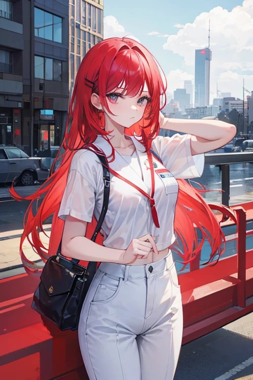 mulher, 24 anos, alta, cabelo vermelho, medica, apocalipse zumb, CIDADE, corpo inteiro, usando um JALECO branco de medica, wearing slacks