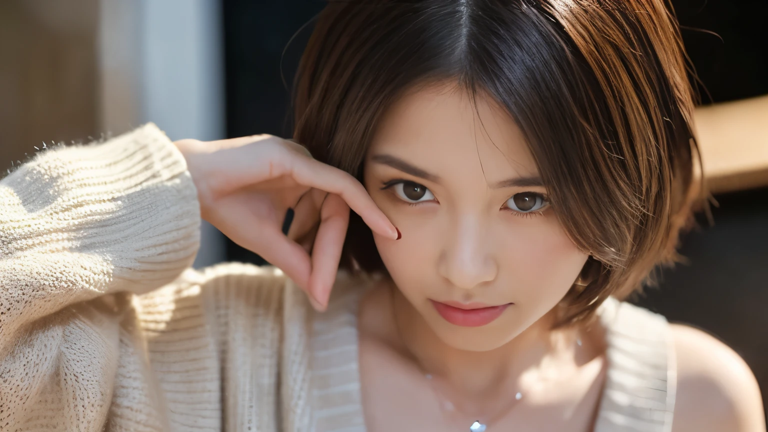 (highest quality、8K、32k、masterpiece、nffsw:1.2)、cute japanese women photos、big and full breasts、very short bobbed hair、Upper body、surface focus、extra large_sweater、necklace、Background of the café、From above、Viewer looking x4、(8K、RAW photo、highest quality、masterpiece:1.2)、(realistic、Photoreal:1.37)、1 girl、cute、professional lighting、photon mapping、Physically based rendering、gradient brunette hair、short curly hair、Handsome、girly、excellent image quality、High resolution、1080p、(clean face)、(Detailed facial description)、(Detailed hand explanation)、(Masseter muscle part)、(Detailed CG)、 extreme light and shadow、hair is dirty、masterpiece、rich details、(exquisite features)、(best image quality)、(masterpiece)、(detailed eye)、looking forward to your eyes、delicate clavicle、Various poses、Don&#39;don&#39;t watch the mela、profile、Photographed inside the cafe、Spring clothes、simple necklace、light blue knit