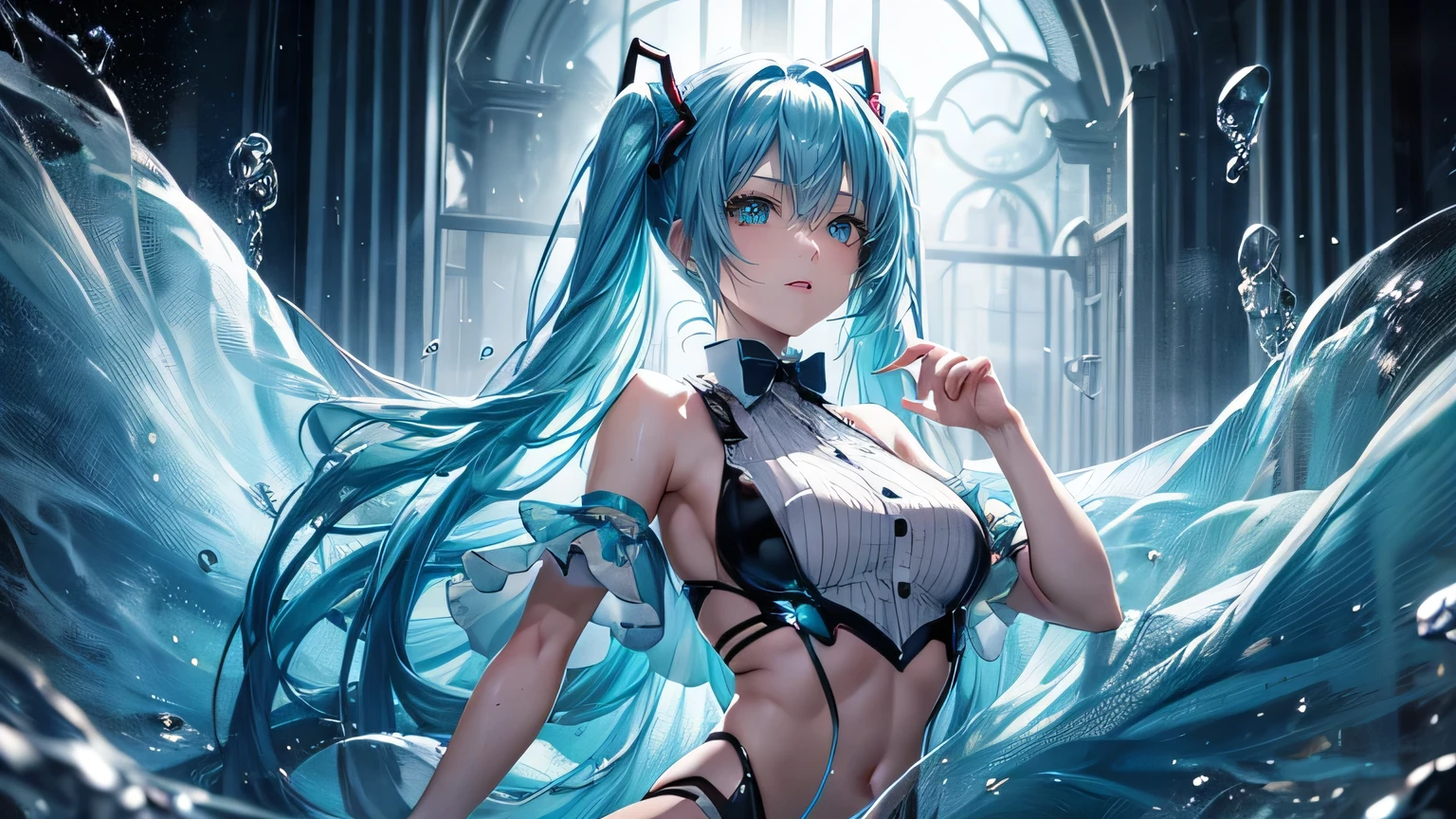 (quality)), ((masterpiece)), Recommended resultsluffly、(see through:1.5)、whole body 、Swollen nipples，straighten your back、huge bust、angle to floor:1.2、low camera angle、Hair loss on crotch、Whole body facing the camera，Hair can be seen on the crotch，Hatsune Miku, 1 girl, (alone:1.2), ((masterpiece)), [Slim], (), ((exquisite eyes)), (bokeh effect), medium shot, Yuradev, (light blue hair), black hair band, (blue gloves), (blue tie), elegant