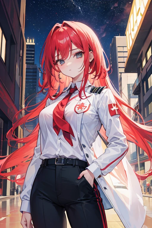 mulher, 24 anos, alta, cabelo vermelho, medica, apocalipse zumb, CIDADE, corpo inteiro, usando um uniforme branco de medica, wearing slacks