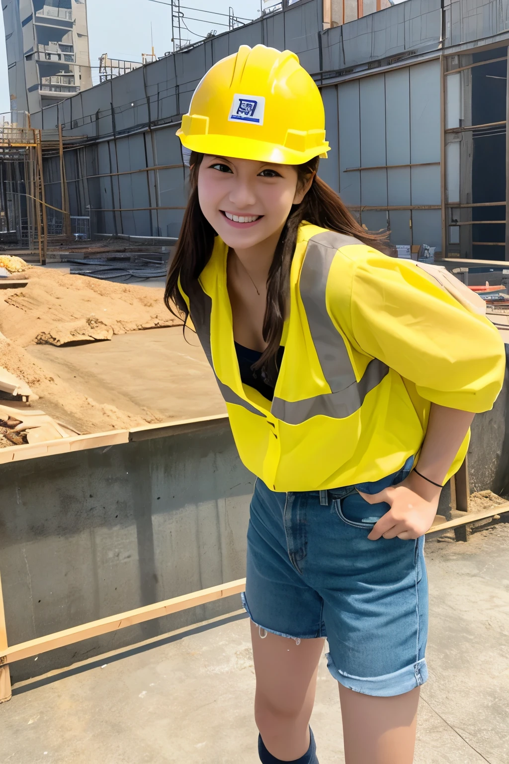 A 19-year-old girl with a very cute face like an idol who looks 15.、Gentle and cute、A kind smile、Building construction workers Yellow Helmet、Work clothes、Cleavage、Building construction site、Working alongside many male construction workers、whole body、RAW Photos、Genuine、Genuine、High resolution、Genuine Life