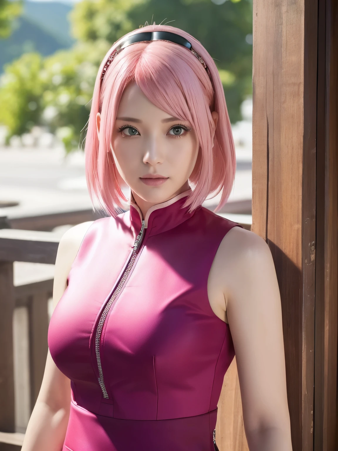 (((masterpiece+highest quality+High resolution+Very detailed))), Sakura Haruno, solo, (([woman]: 1.3 + [beauty]: 1.3+ pink hair: 1.5)), pink eyes, Bright Eyes, Dynamic angles and postures, wallpaper, ((natural big breasts:1.2)), Sakura Haruno outfit, (Ultra Realistic:1.5), (Photo Realistic:1.5), (UHD:1.5), red qipao dress(sleeveless ) with slits along the sides accompanied by a zipper and white circular designs, crystal tattoo at the forehead
