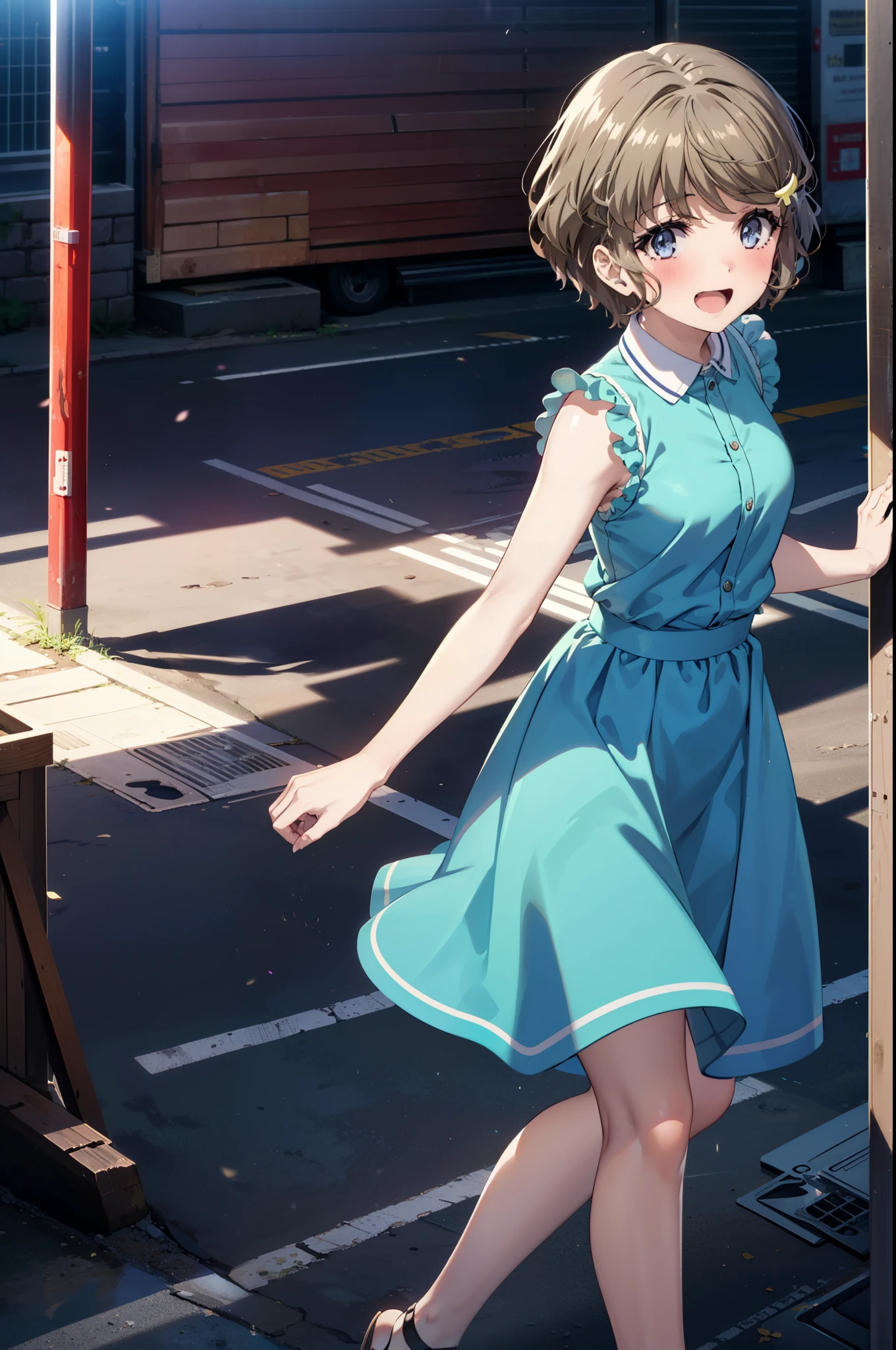 tomoekoga, Chie Koga, short hair, Brown Hair, blue eyes, Hair Clip,happy smile, smile, Open your mouth,Blue sleeveless dress,Blue long skirt,Cute Sandals,Bare arms,whole bodyがイラストに入るように,Walking,Daytime,Clear skies,
break outdoors, In town,Building district,
break looking at viewer, whole body,
break (masterpiece:1.2), highest quality, High resolution, unity 8k wallpaper, (figure:0.8), (Beautiful fine details:1.6), Highly detailed face, Perfect lighting, Highly detailed CG, (Perfect hands, Perfect Anatomy),