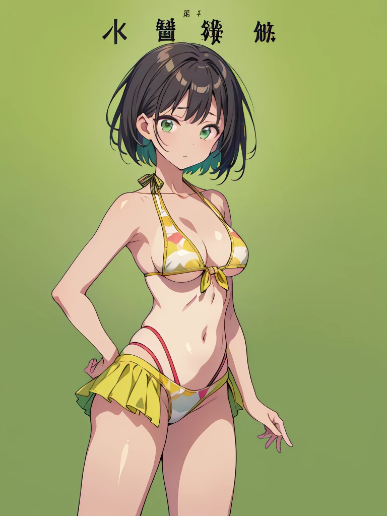 Magazine Cover、1girl、Standing in front of the viewer、vtuber-fullbody、highest quality、Masterpiece、Official Art、The best composition、Super detailed、short hair、Simple bikini、Small breasts、barefoot、Upright Pose、Character Design、Front standing portrait、Simple green background、