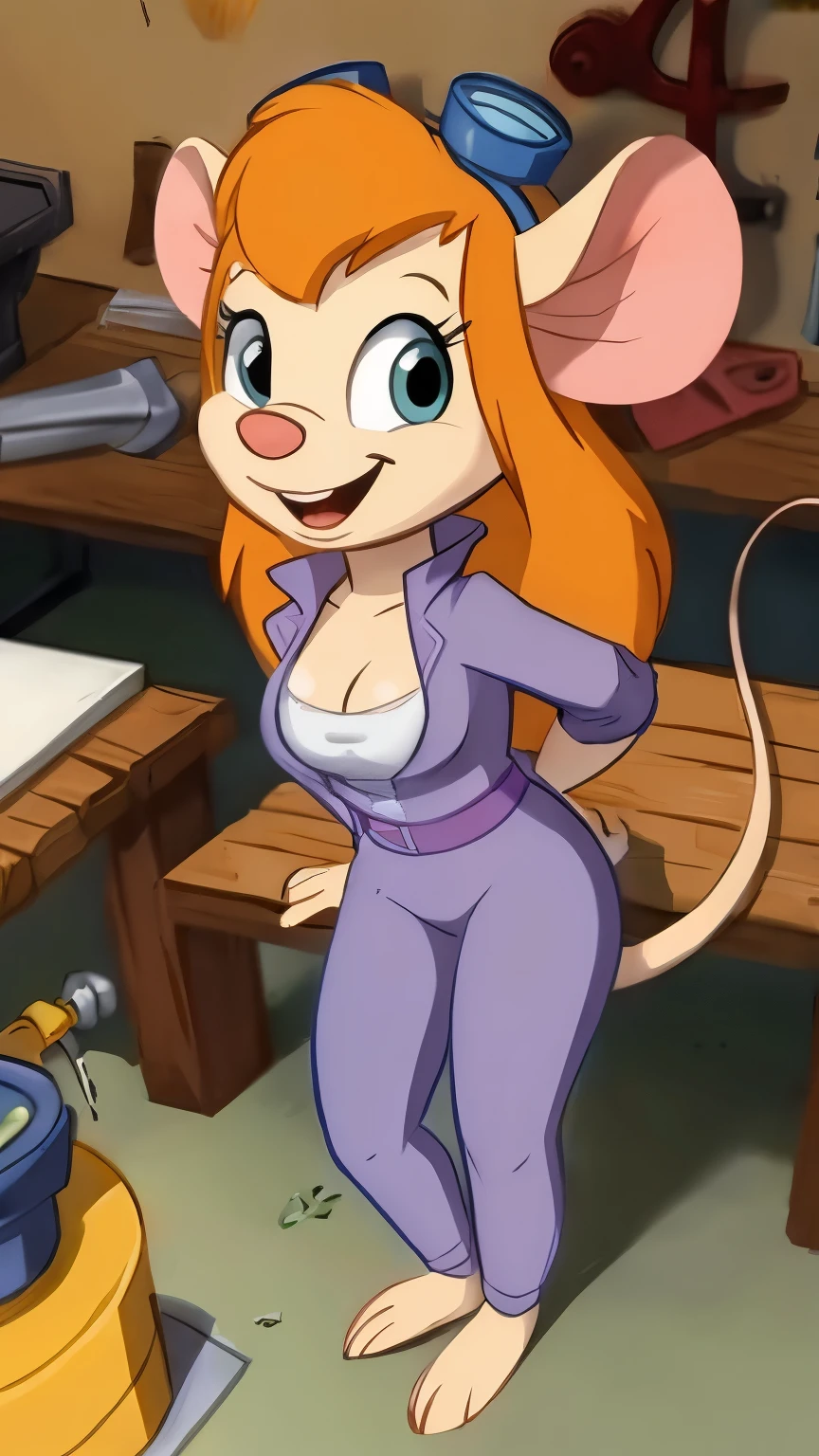 CARTOON_gadget_hackwrench mouse, mouse girl, animal nose, orange hair, jumpsuit, goggles on head, bare feet, animal feet, smiling, long mouse tail, workshop background, work bench, cleavage 