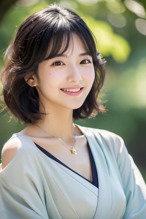 highest quality,8k, Detailed facial depiction, Detailed description of the eyes, Black Hair(wavy shoulder-length hair),Beautiful Japanese Woman, 21 years old, The body is slim, Medium breast size, whole body,Beautiful legs, smile、 necklace, Mole around the mouth,Underarm,kimono
