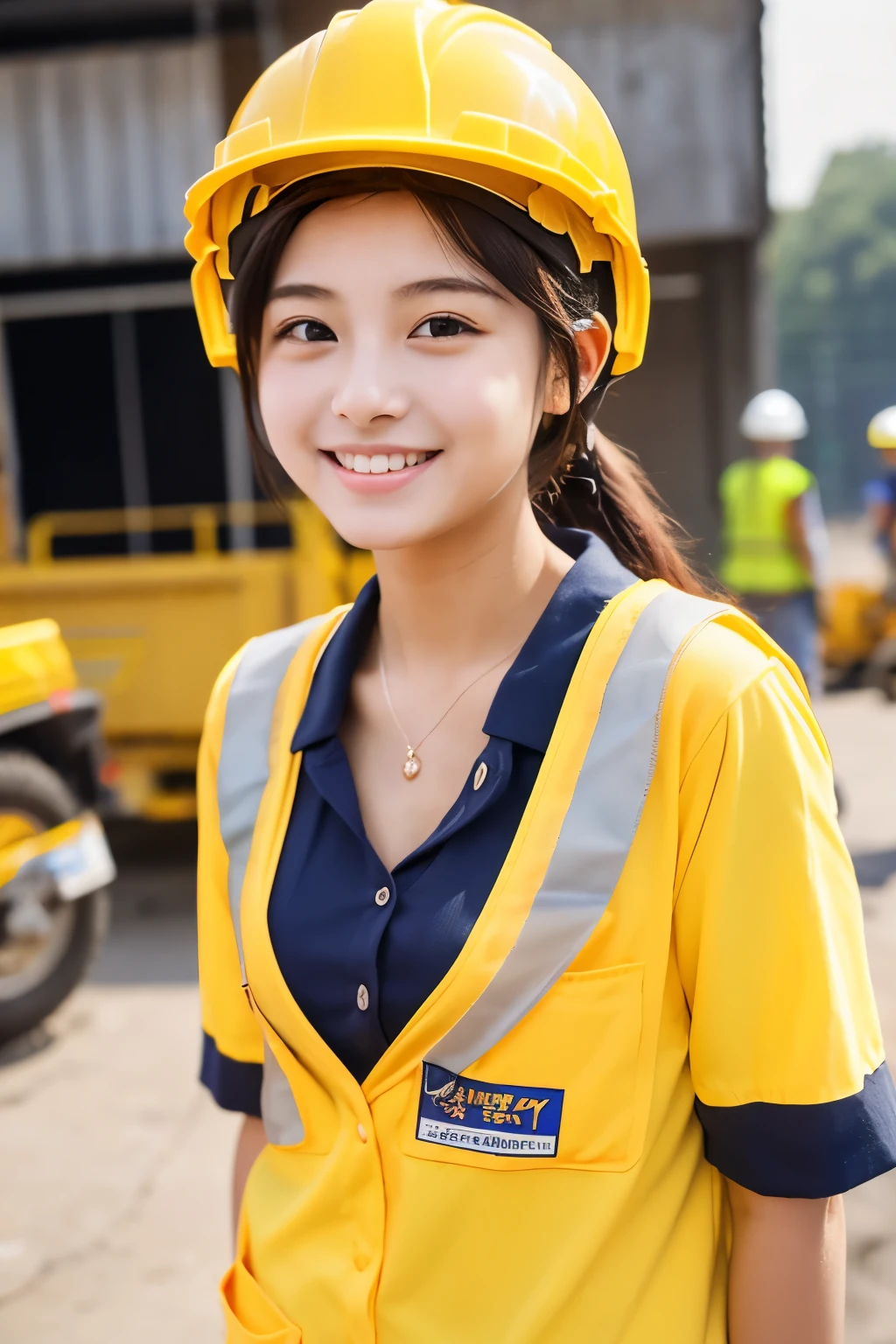 A 19-year-old girl with a very cute face like an idol who looks .、Gentle and cute、A kind smile、Building construction workers Yellow Helmet、Work clothes、Cleavage、Building construction site、There are a lot of male workers around her.、whole body、RAW Photos、Genuine、Genuine、High resolution、Genuine Life