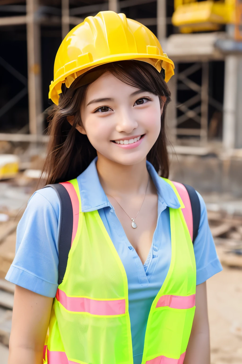 A 19-year-old girl with a very cute face like an idol who looks 15.、Gentle and cute、A kind smile、Building construction workers Yellow Helmet、Work clothes、Cleavage、Building construction site、There are a lot of male workers around her.、whole body、RAW Photos、Genuine、Genuine、High resolution、Genuine Life