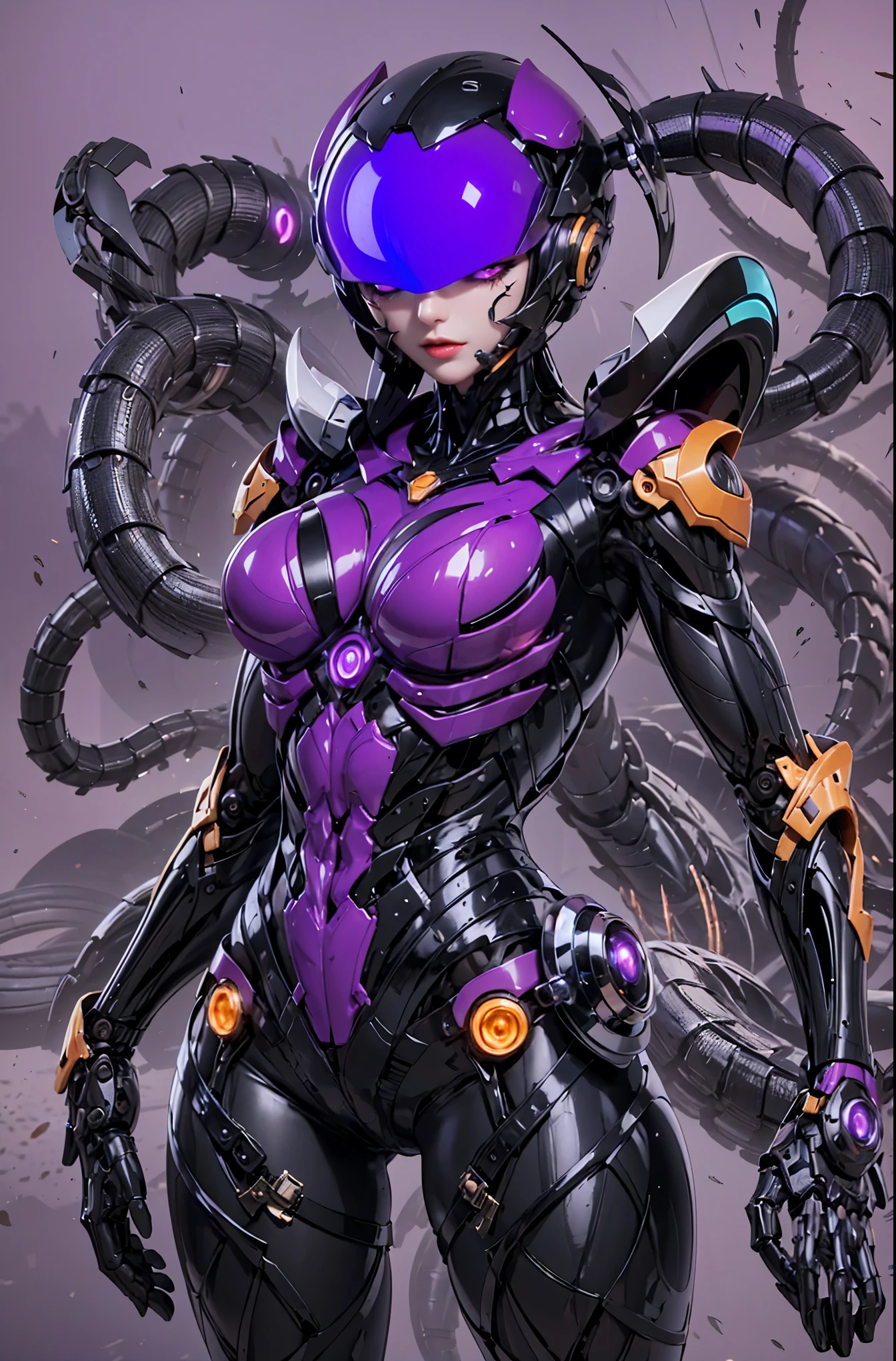 A female transformer. mechanical body. Three luminous eyes. she with a scorpion tail. Helmet liked face. Image colors of black and purple. Metallic luster. full body image. sexy.