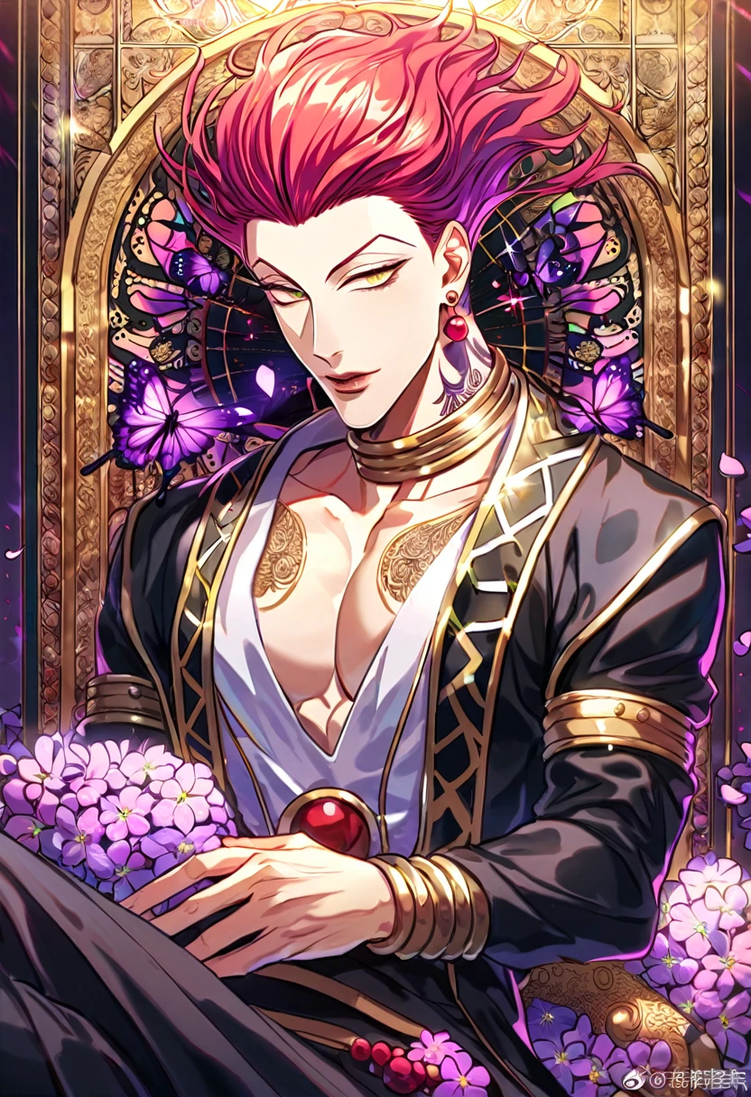 Young man with heterochromic eyes, smiling standing with his arms outstretched, well-structured male body, gold jewelry on his body, dark brown hair, reflection of pink light,, white scenery background, floor with many ultra-detailed pink snakes