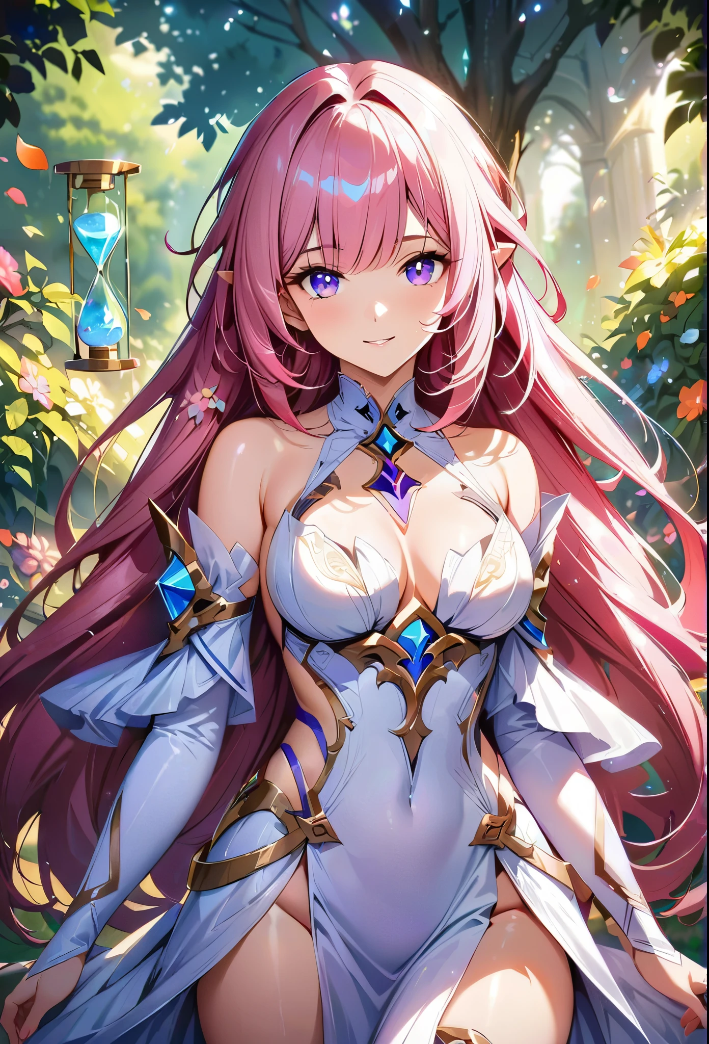 (best quality,4k,8k,highres,masterpiece:1.2),elysia,honkai impact,very long hair,ultra-detailed,realistic,wearing simple white goddess gown,morning of spring,sunlight reflection,body details,delicate,vibrant color palette,hourglass figure,elegant curves,polished surface,delicate engravings,effects of light and shadow,subtle reflections,shimmering surface,sparkling gemstones,flower petals falling,springtime essence,ethereal atmosphere,peaceful garden background,serene ambiance,morning dew,soft sunlight filtering through trees,lush plant life,vividly colored blossoms,harmonious blend of nature and art,impeccable craftsmanship,transcendent beauty,awe-inspiring artwork,long pink hair,purple eyes, pointed ears,time goddess next to floating hourglass, smiling