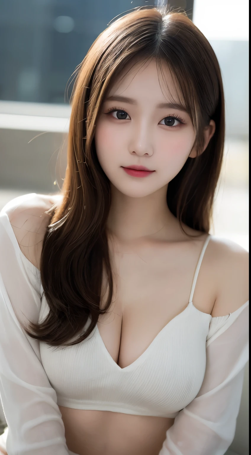 Tabletop, highest quality, shape, Very detailed, finely, High resolution, 8k wallpaper, 完璧なダイナミックな構shape, Beautiful and exquisite, Nice spring clothes,Beautiful straight hair,Small breasts,Natural color lip, 20-year-old girl、cute、sexy shot looking at camera,Always blur the background,Perfect and beautiful face、Slim face and figure,Big eyes、Putting on gal makeup,Actual Photos(Best image quality)、Sexy Face、Fashion magazine model pose、A shy smile、Cyberpunk Fashion、Sleeping on your stomach
