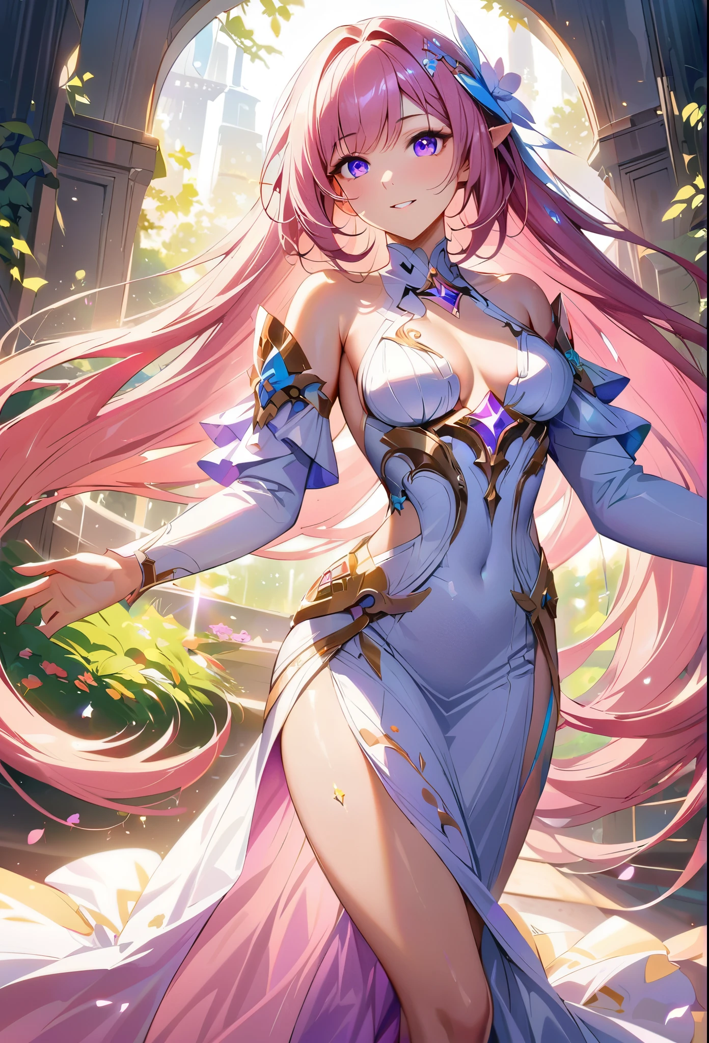 (best quality,4k,8k,highres,masterpiece:1.2),elysia,honkai impact,very long hair,ultra-detailed,realistic,wearing simple white goddess gown,morning of spring,sunlight reflection,body details,delicate,vibrant color palette,hourglass figure,elegant curves,polished surface,delicate engravings,effects of light and shadow,subtle reflections,shimmering surface,sparkling gemstones,flower petals falling,springtime essence,ethereal atmosphere,peaceful garden background,serene ambiance,morning dew,soft sunlight filtering through trees,lush plant life,vividly colored blossoms,harmonious blend of nature and art,impeccable craftsmanship,transcendent beauty,awe-inspiring artwork,long pink hair,purple eyes, pointed ears,time goddess next to floating hourglass, smiling