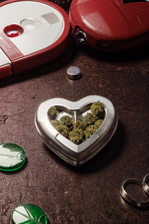 Heart cracked in half spurting blood and xannax pills with a marijuana leaf in the background
