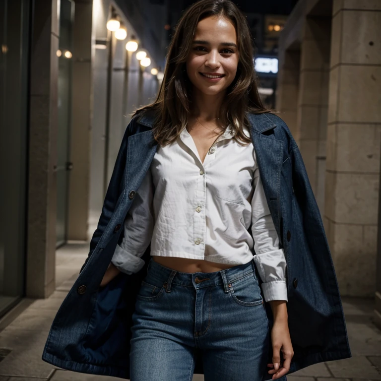Alicia Vikander in a thunderstorm dressed in a shirt and coat and jeans smiling