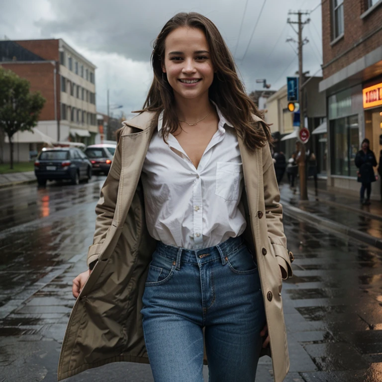 Alicia Vikander in a thunderstorm dressed in a shirt and coat and jeans smiling