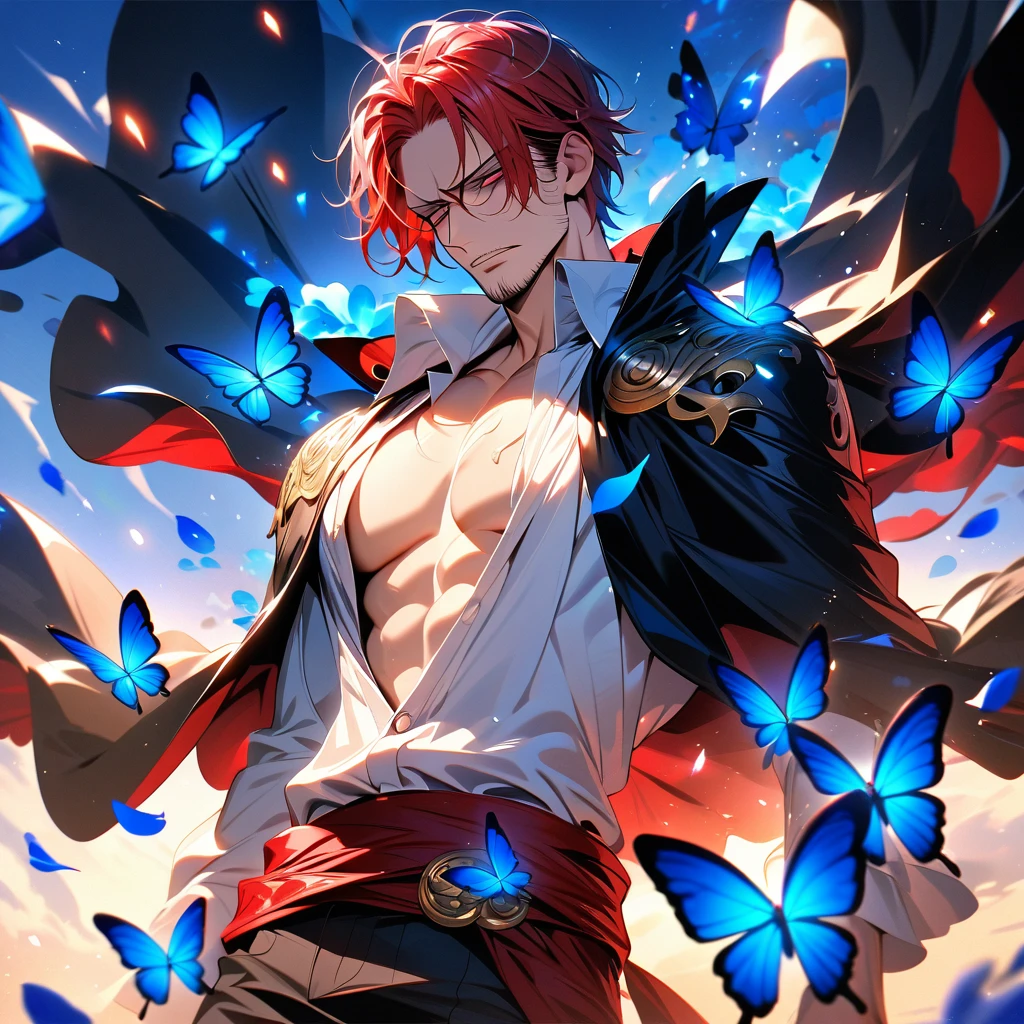 absurdres, highres, ultra detailed, HDR, master piece, best quality, Shanks, red hair, expressive red eyes, One Piece, solo, sexy man, handsome, white shirt, black cape, toned chest, glittering blue butterflies, blue petals, blue flowers, magical, fantasy, blue background
