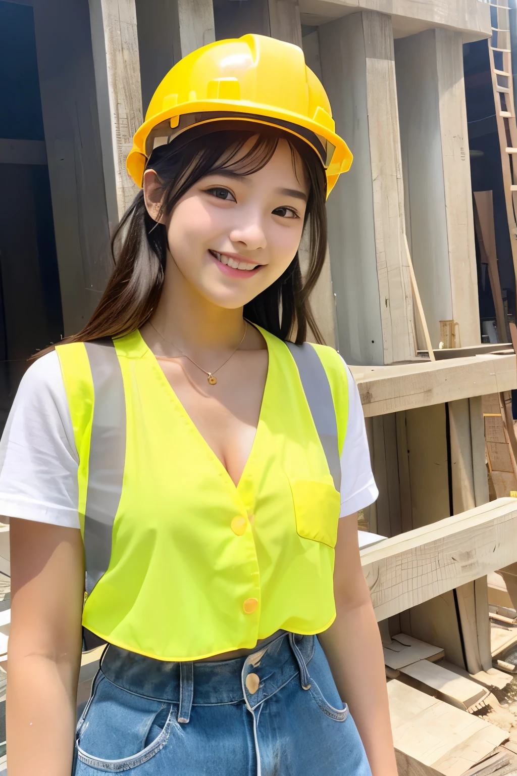 A 19-year-old girl with a very cute face like an idol who looks .、Gentle and cute、A kind smile、Building construction workers Yellow Helmet、Work clothes、Cleavage、Building construction site、There are a lot of male workers around her.、whole body、RAW Photos、Genuine、Genuine、High resolution、Genuine Life