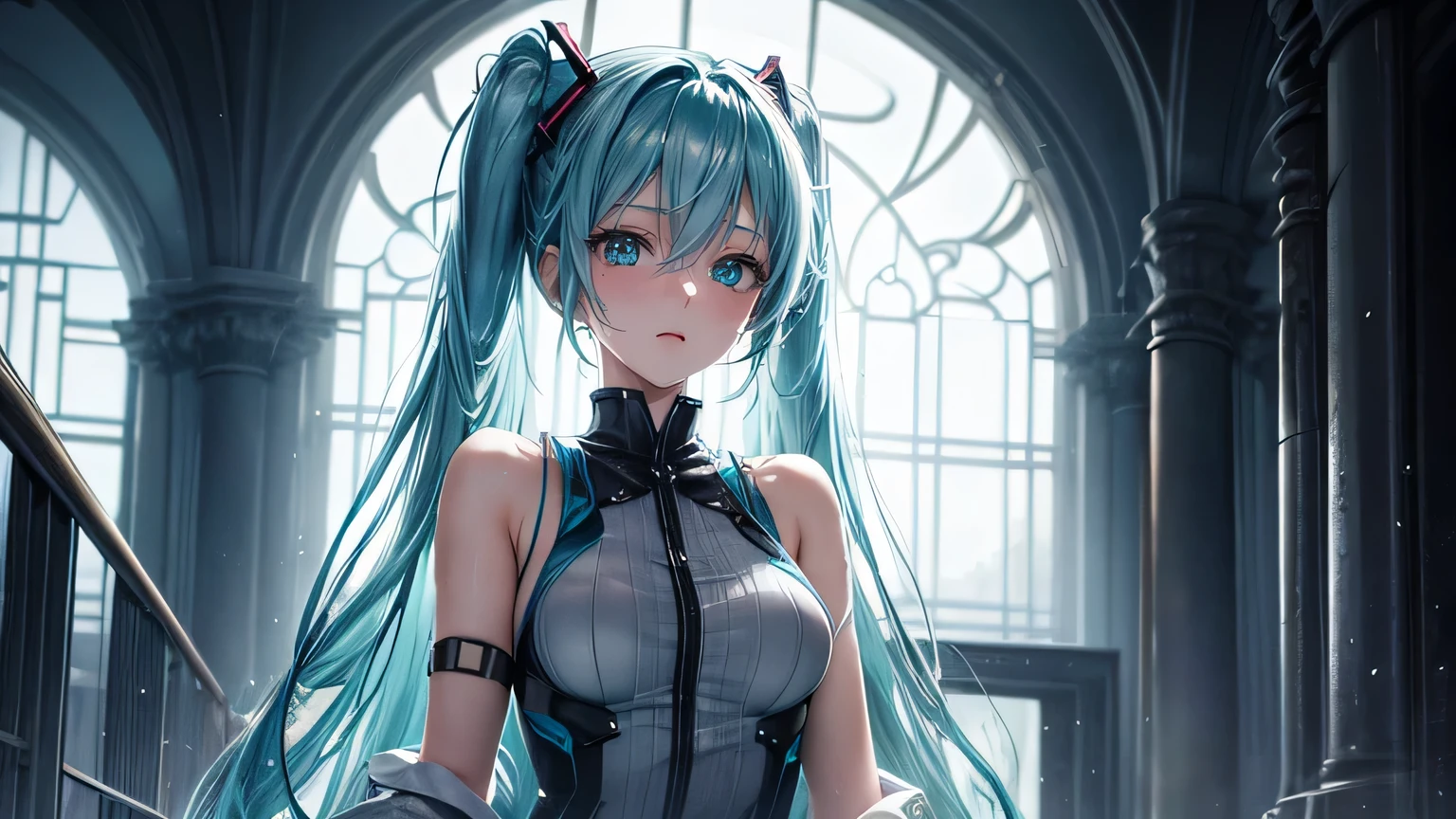 hatsune miku,Twin tails、  (small breast:1.2), BREAK looking at viewer, BREAK outside, BREAK (masterpiece:1.2), best quality, high resolution, unity 8k wallpaper, (illustration:0.8), (beautiful detailed eyes:1.6), extremely detailed face, perfect lighting, extremely detailed CG, (perfect hands, perfect anatomy),whole body