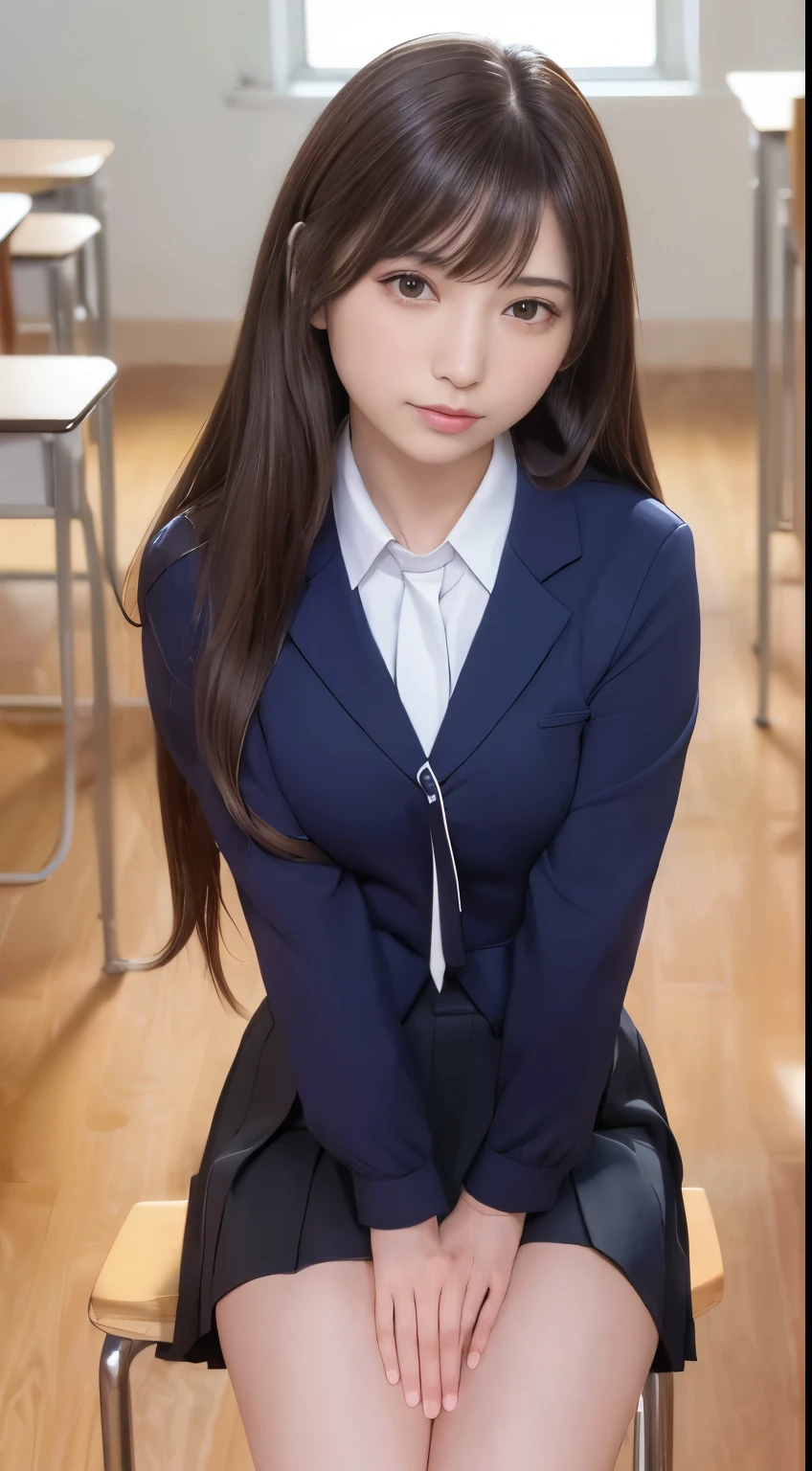 highest quality,Super detailed,masterpiece,Hentai Realism,Photo Rare,Bright lighting,One Girl, Very beautiful 17 year old girl, (cute:1.6),A faint smile, (Brown eyes),(Dark brown hair),(With bangs),Perfect Glowing Skin,Perfect Skin,((erotic,Sexy and sexually explicit)),((Accurate Pointer，No discomfort)), Big ample breasts,Big breasts, small waist, View your viewers,((Blazer uniform)),((Long sleeve uniform white shirt)),(Navy blue tie),(Navy blue mini skirt、No slits),(((Lift the skirt with your own hands))),(Lifted it himself),(She shows her panties.),Lace and black panties,Panty Focus,(get up,Spread your legs)), socks, (Black socks),(Loafer shoes), During the day,School、classroom、There are desks lined up in the classroom.,School Chair、