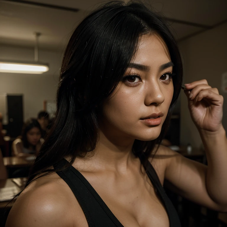 a sexy asian substitute teacher, 20 years old, ample bust, full butt, dressed in sexy skimpy club fashion, hung over, trying to teach a packed classroom, girls are jealous, boys are horny, detailed face, beautiful detailed eyes, beautiful detailed lips, extremely detailed eyes and face, long eyelashes, realistic, photorealistic, ultra-detailed, 8k, high quality, masterpiece, oil painting, chiaroscuro lighting, dramatic colors, cinematic