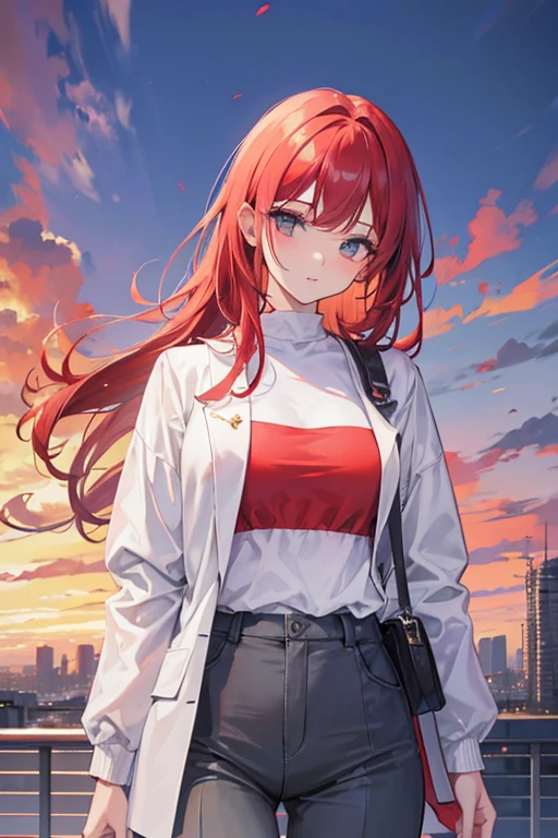 mulher, 24 anos, alta, cabelo vermelho, medica, apocalipse zumb, CIDADE, corpo inteiro, usando um JALECO branco de medica, wearing slacks
