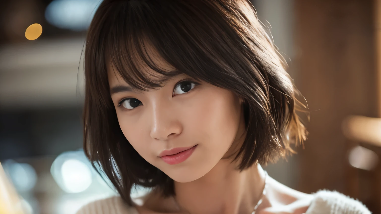 (highest quality、8K、32k、masterpiece、nffsw:1.2)、cute japanese women photos、big and full breasts、very short bobbed hair、Upper body、surface focus、extra large_sweater、necklace、Background of the café、From above、Viewer looking x4、(8K、RAW photo、highest quality、masterpiece:1.2)、(realistic、Photoreal:1.37)、1 girl、cute、professional lighting、photon mapping、Physically based rendering、gradient brunette hair、short curly hair、Handsome、girly、excellent image quality、High resolution、1080p、(clean face)、(Detailed facial description)、(Detailed hand explanation)、(Masseter muscle part)、(Detailed CG)、 extreme light and shadow、hair is dirty、masterpiece、rich details、(exquisite features)、(best image quality)、(masterpiece)、(detailed eye)、looking forward to your eyes、delicate clavicle、Various poses、Don'don't watch the mela、profile、Photographed inside the cafe、Spring clothes、simple necklace、light blue knit