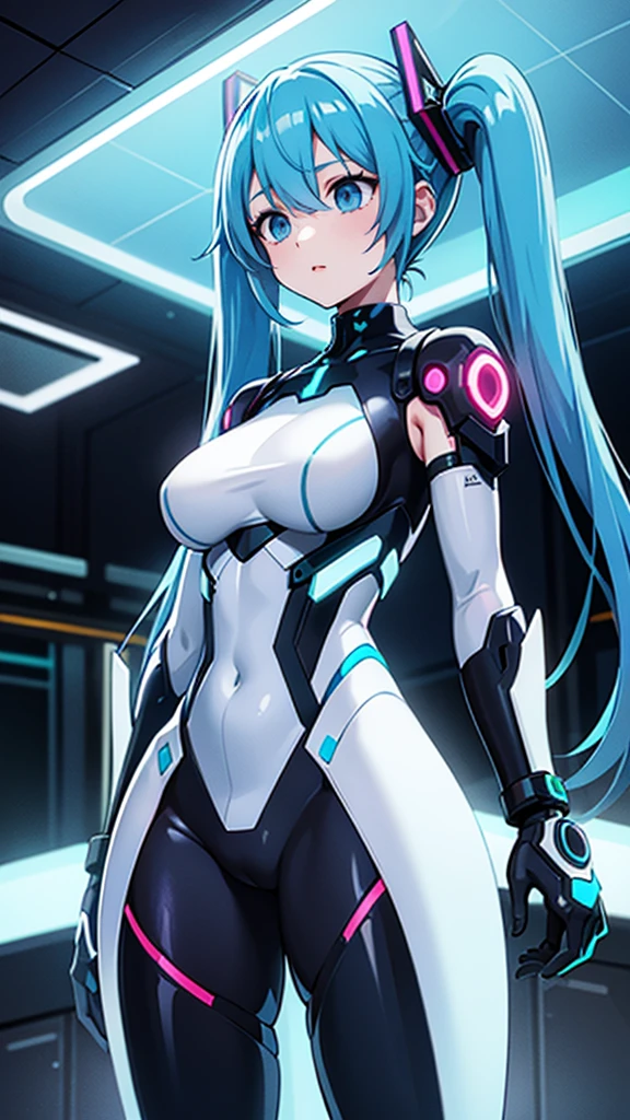 ((Highest quality))、(masterpiece)、Hatsune Miku VOCALOID、(Twin tails)、Light blue hair、Water-colored pupils、cyber punk、Ultimate Physical Beauty、Big Ass、(Big Breasts)、Bodysuits、Sexy pose、12-year-old girl has electronic visor fitted to her face、red latex body、Cyberpunk mode、(Light blue hair:1.4),Breast enlargement、Neon lights in the dark city at night,Unreal Engine:1.4,Ultra-high resolution,La highest quality:1.4, Realistic:1.4, Skin Texture:1.4, masterpiece:1.8,masterpiece, highest quality,（Beautifully detailed eye depiction）