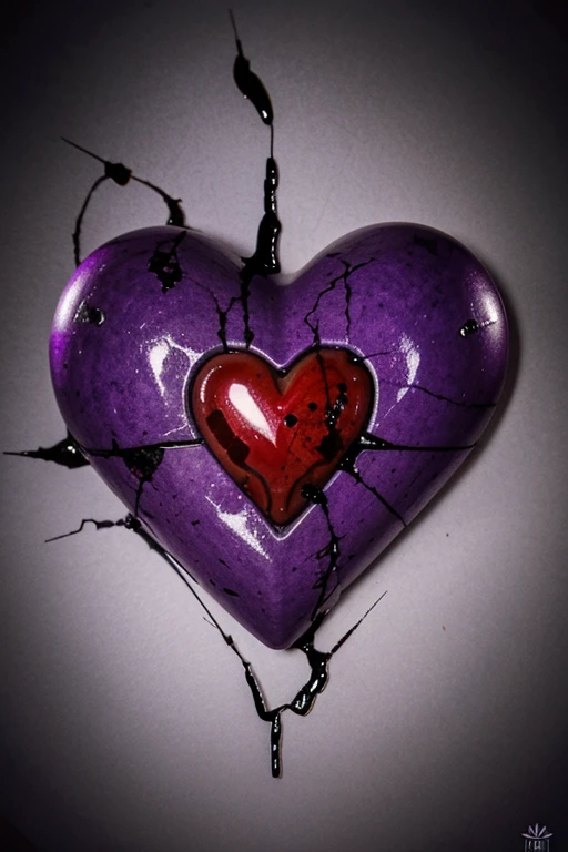 Heart cracked in half oozing purple blood with pills and marijuana and