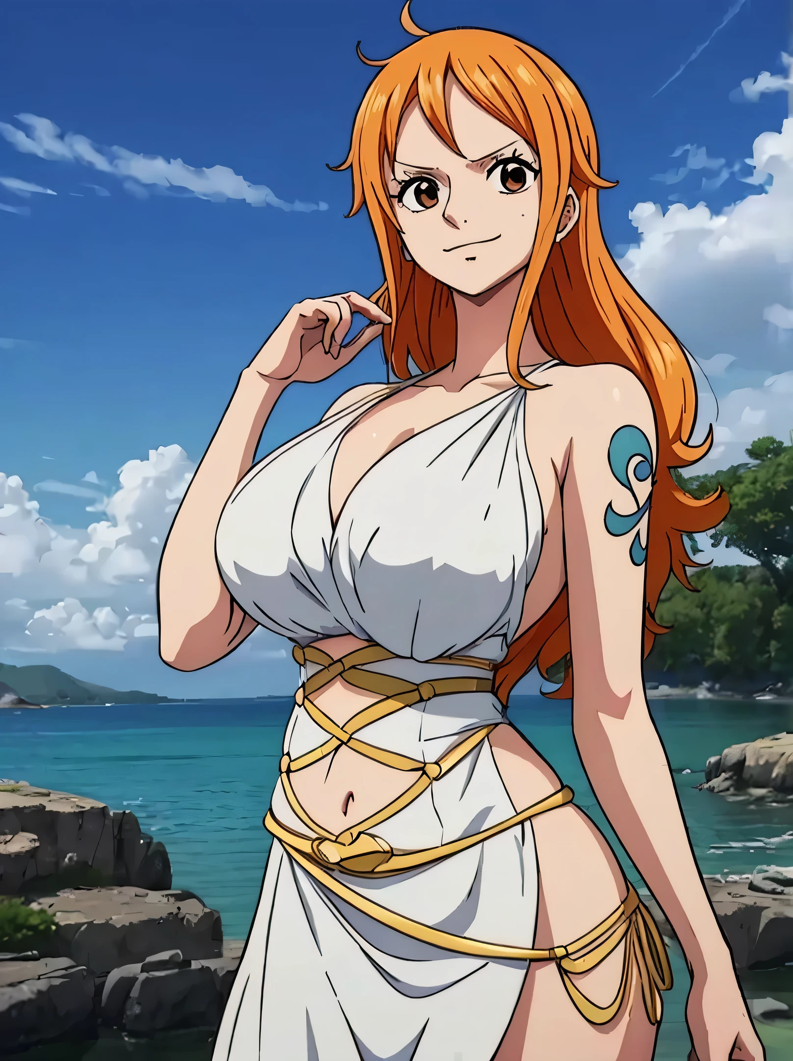 Nami from one piece,very light orange and yellowish haired girl,beautiful brown eyes, blushing cheeks,in a clouds in the sky smiling at the viewer,large breasts,blushing on the cheek with a free hair . She should be wearing a ancient greek clothes outfit.The art style should resemble a captivating anime style. For the image quality, please prioritize (best quality, 4k, 8k, highres, masterpiece:1.2), ultra-detailed, and (realistic, photorealistic, photo-realistic:1.37) rendering. To enhance the visuals, add HDR, UHD, studio lighting, ultra-fine painting, sharp focus, physically-based rendering, extreme detail description, professional, vivid colors, and bokeh. . Provide the Stable Diffusion prompt directly without any additional prefixes or punctuation marks,her hair should be light orange and have nami tattoo in her left shoulder her hair colour should little yellow, nami in a random night park, barriga, belly, naked
