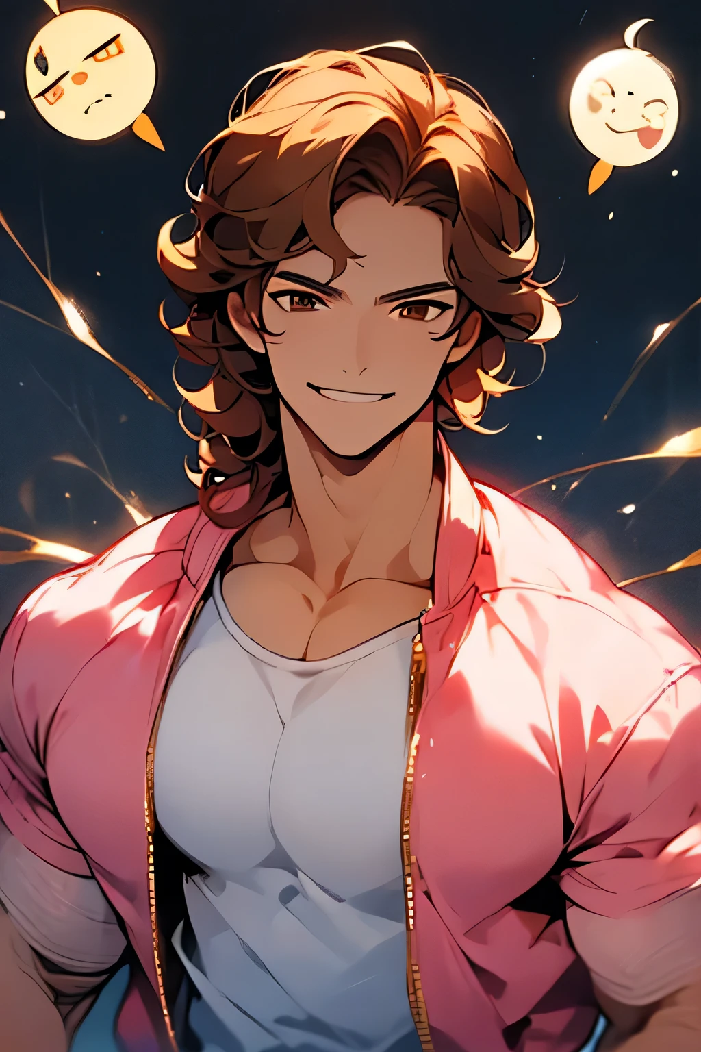 avatar,short wavy hair, white shirt,pink jacket, young male, brown eyes, night time, brown hair, smirk, golden crown