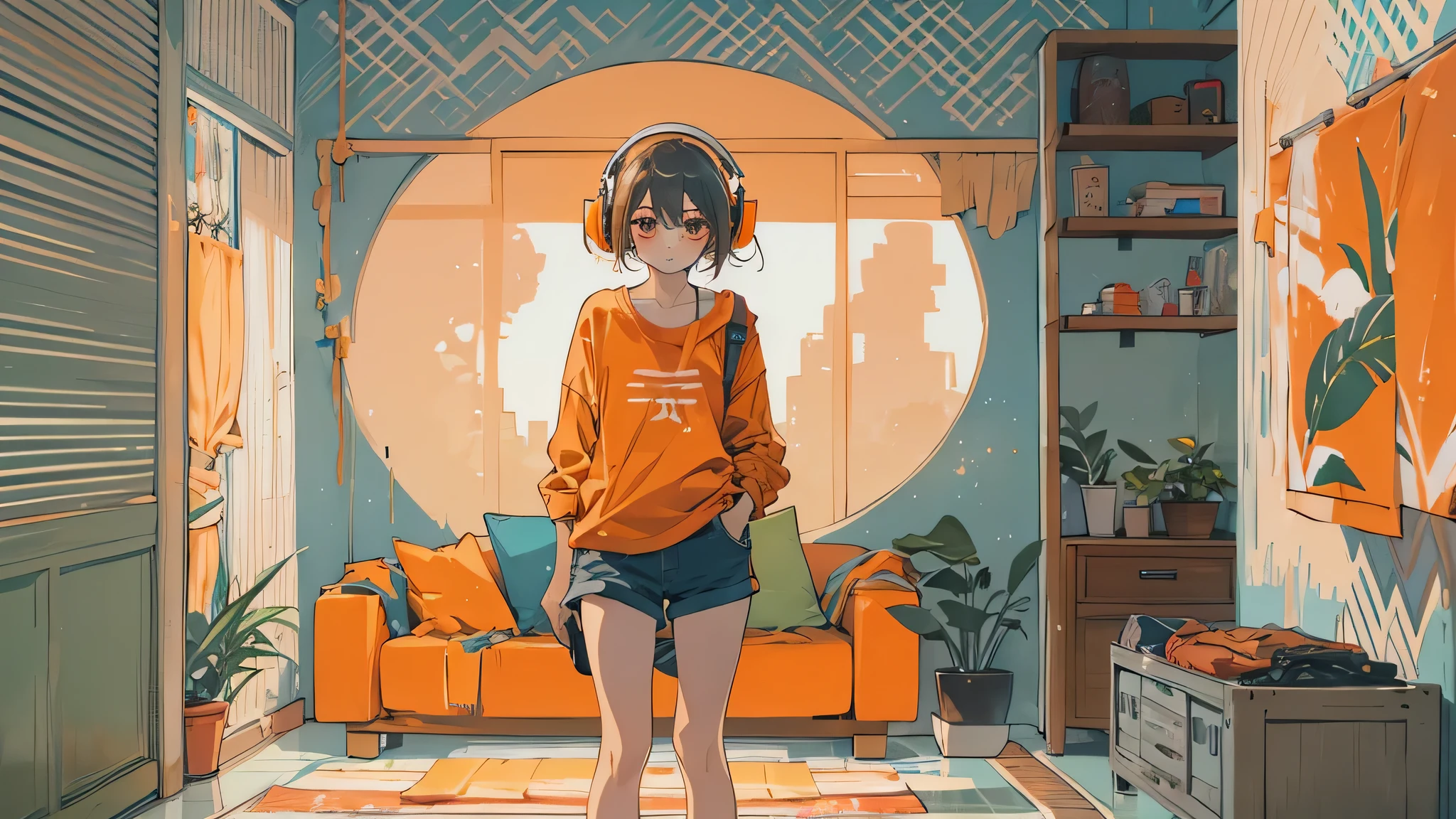 high resolution、One Girl、Wearing headphones、Fu shoulder shirt and hot pants、Inside a minimalist room、Fabric sofa、Vibrant colors、Vivid Color、Warm shades、Full body images、Orange short hair、
