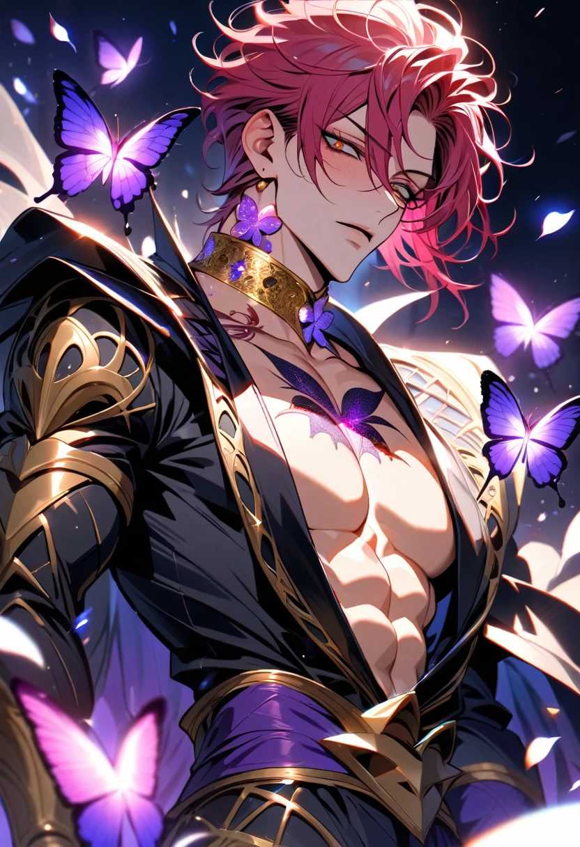 Ultra detailed, Highres, absurdres, HDR, Hisoka Morou, red fuchsia hair, expressive golden eyes, black coat with patterns, Hunter X Hunter, white shirt, fantasy, glittering purple butterflies, petals, handsome, sexy man, solo, very detailed eyes and face, master piece, toned chest, glittering, purple flowers, tattoo on his neck, holding a plushie of Hisoka Morou,