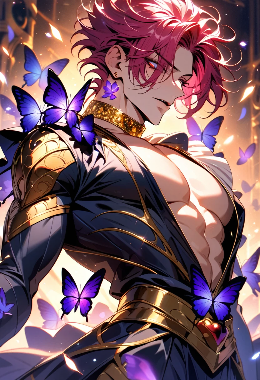 Ultra detailed, Highres, absurdres, HDR, Hisoka Morou, red fuchsia hair, expressive golden eyes, black coat with patterns, Hunter X Hunter, white shirt, fantasy, glittering purple butterflies, petals, handsome, sexy man, solo, very detailed eyes and face, master piece, toned chest, glittering, purple flowers, tattoo on his neck, holding a plushie of Hisoka Morou,