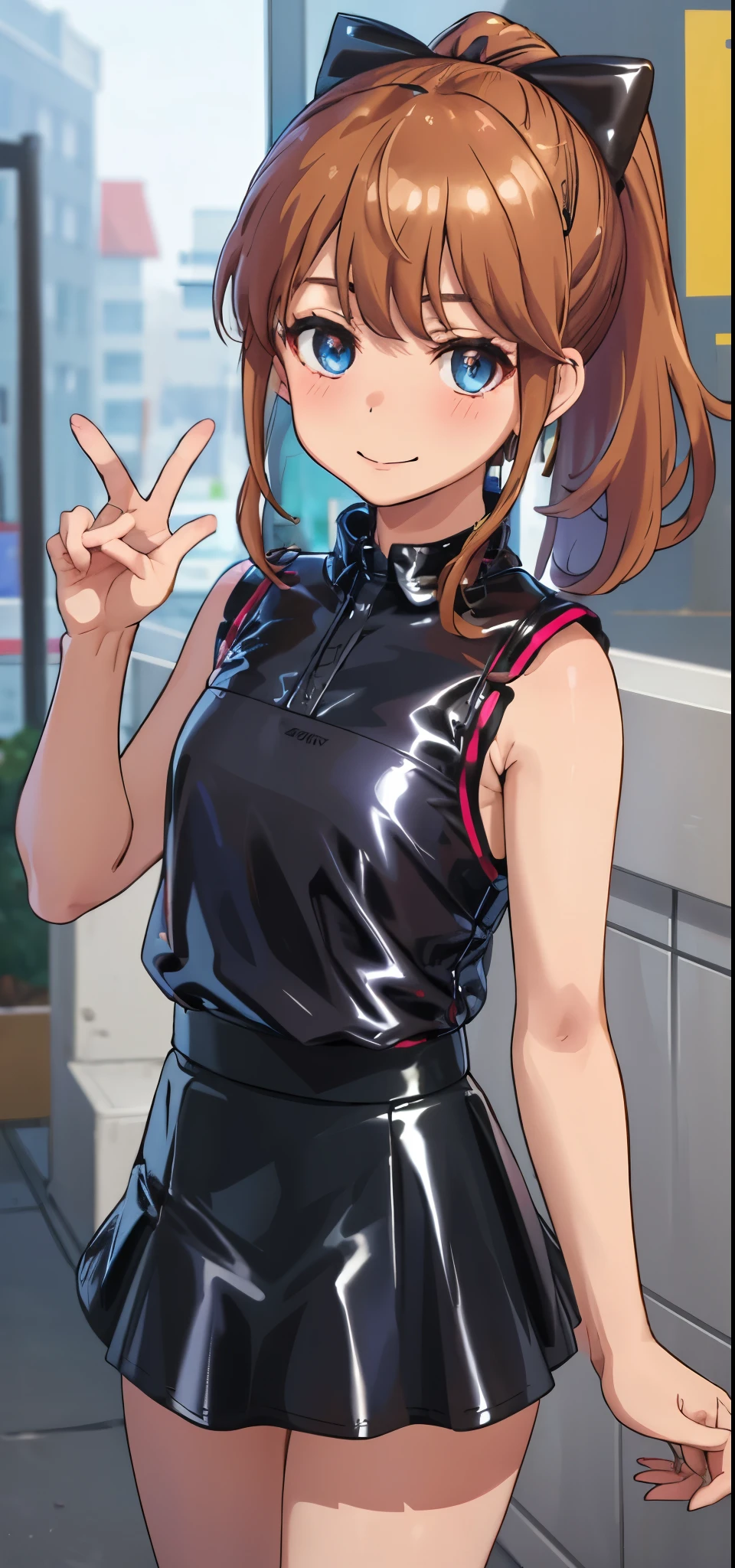 best quality, (masterpiece:1.2), highly detailed, standing, street,
1girl, solo, akatsuki minami,
looking at the viewer, closed mouth, smile, slight blush,
blue eyes, brown hair, ponytail, hair bow, sleeveless, ((dominant girl, latex skirt,  latex shirt))