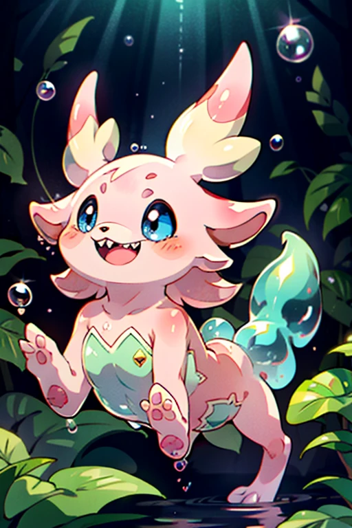 masterpiece, best quality, SFW, (safe for work),wide shot,1Digimon, solo, cute, sharp teeth, elongated ears, wide mouth,tadpole shape, vaccine type digimon, pink, (A tadpole-like digimon, with very long flappy ears, is amidst bubbles),digimon style,(in-training level digimon), dark forest background