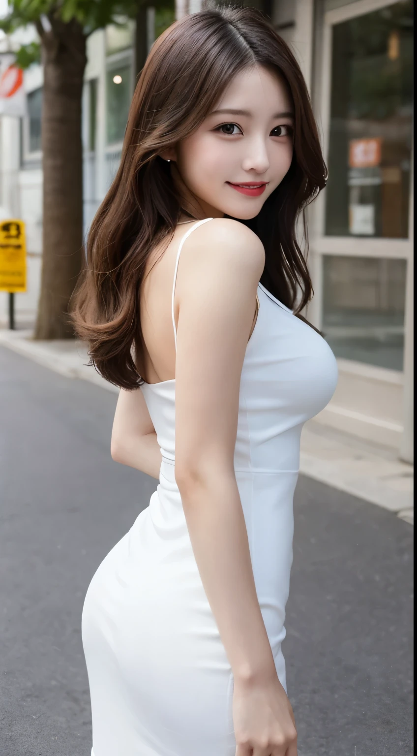 Tabletop, highest quality, figure, Super detailed, In detail, High resolution, 8k wallpaper, Perfect dynamic composition, Beautiful fine details, dress,Medium Hair, Big Breasts, Natural color lip, Random sexy poses,smile,Aoyama Street Walk、20-year-old girl