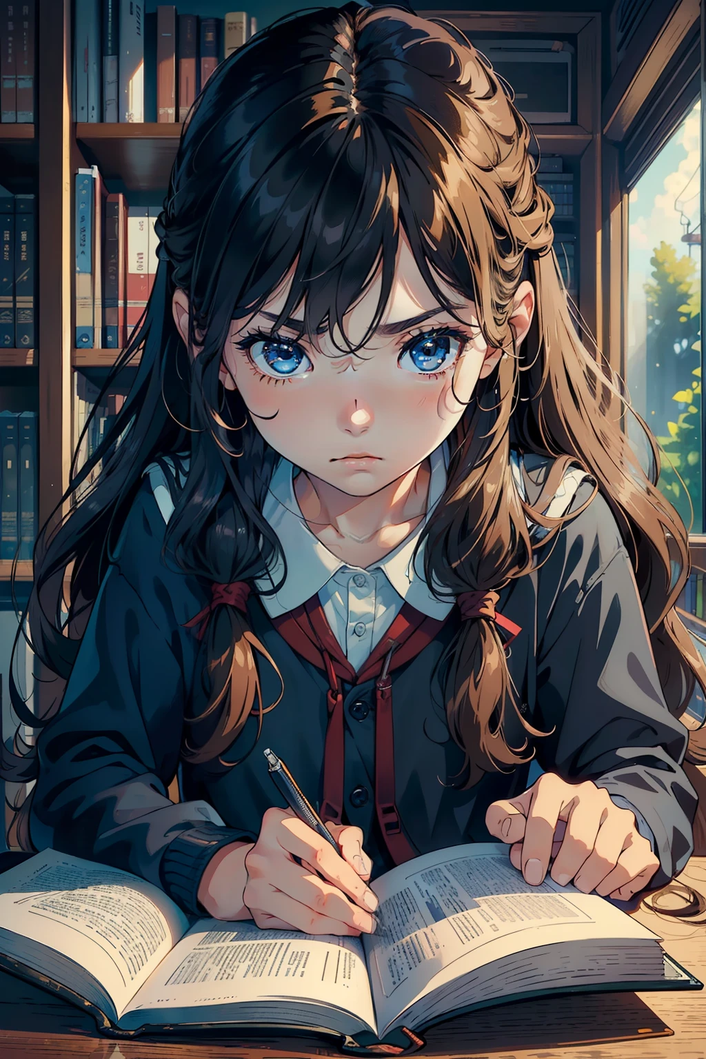 Anime girl with long hair and blue eyes sitting at a table writing ...