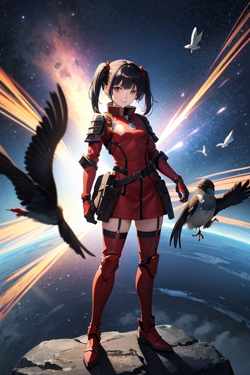 Anime drawings、Full body portrait、Space SF soldiers、A standing woman, about 165cm tall, about 35 years old, wearing red armor、Smiling、Her hairstyle is short twin tails.、Black Hair、A small bird is perched on the right hand side、There are small birds flying around