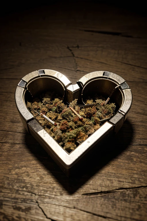 Cracked heart broken into several pieces reflecting a marijuana cigarette