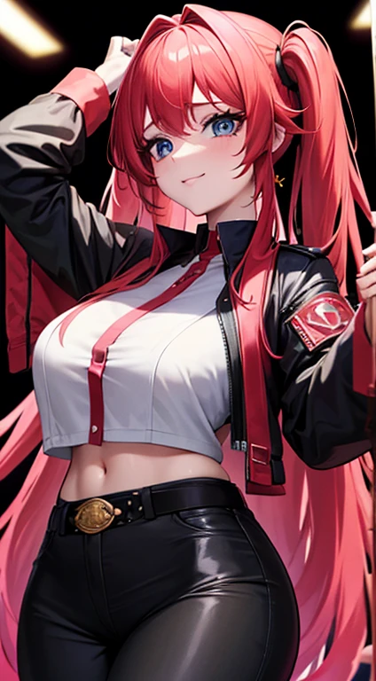 saturated red hair, Princess Hair, very long twintails, large full breasts, Glossy skin, Pink lips, Peach-colored cheeks, Blue eyes, Golden earrings, With weapons, cosmic space, Rin々Shishi Face, A slight smil, Black jacket, white shirt inside jacket, Navel is visible, Black tight pants, thick belt to decorate pants, Facing up