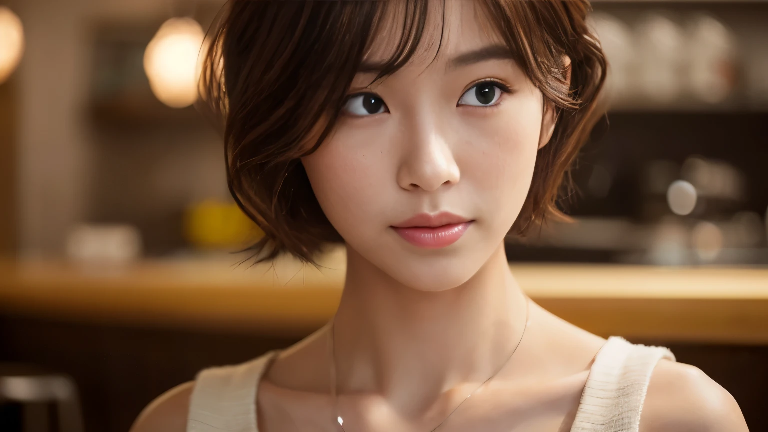 (highest quality、8K、32k、masterpiece、nffsw:1.2)、cute japanese women photos、big and full breasts、very short bobbed hair、Upper body、surface focus、extra large_sweater、necklace、Background of the café、From above、Viewer looking x4、(8K、RAW photo、highest quality、masterpiece:1.2)、(realistic、Photoreal:1.37)、1 girl、cute、professional lighting、photon mapping、Physically based rendering、gradient brunette hair、short curly hair、Handsome、girly、excellent image quality、High resolution、1080p、(clean face)、(Detailed facial description)、(Detailed hand explanation)、(Masseter muscle part)、(Detailed CG)、 extreme light and shadow、hair is dirty、masterpiece、rich details、(exquisite features)、(best image quality)、(masterpiece)、(detailed eye)、looking forward to your eyes、delicate clavicle、Various poses、Don'don't watch the mela、profile、Photographed inside the cafe、Spring clothes、simple necklace、light blue knit
