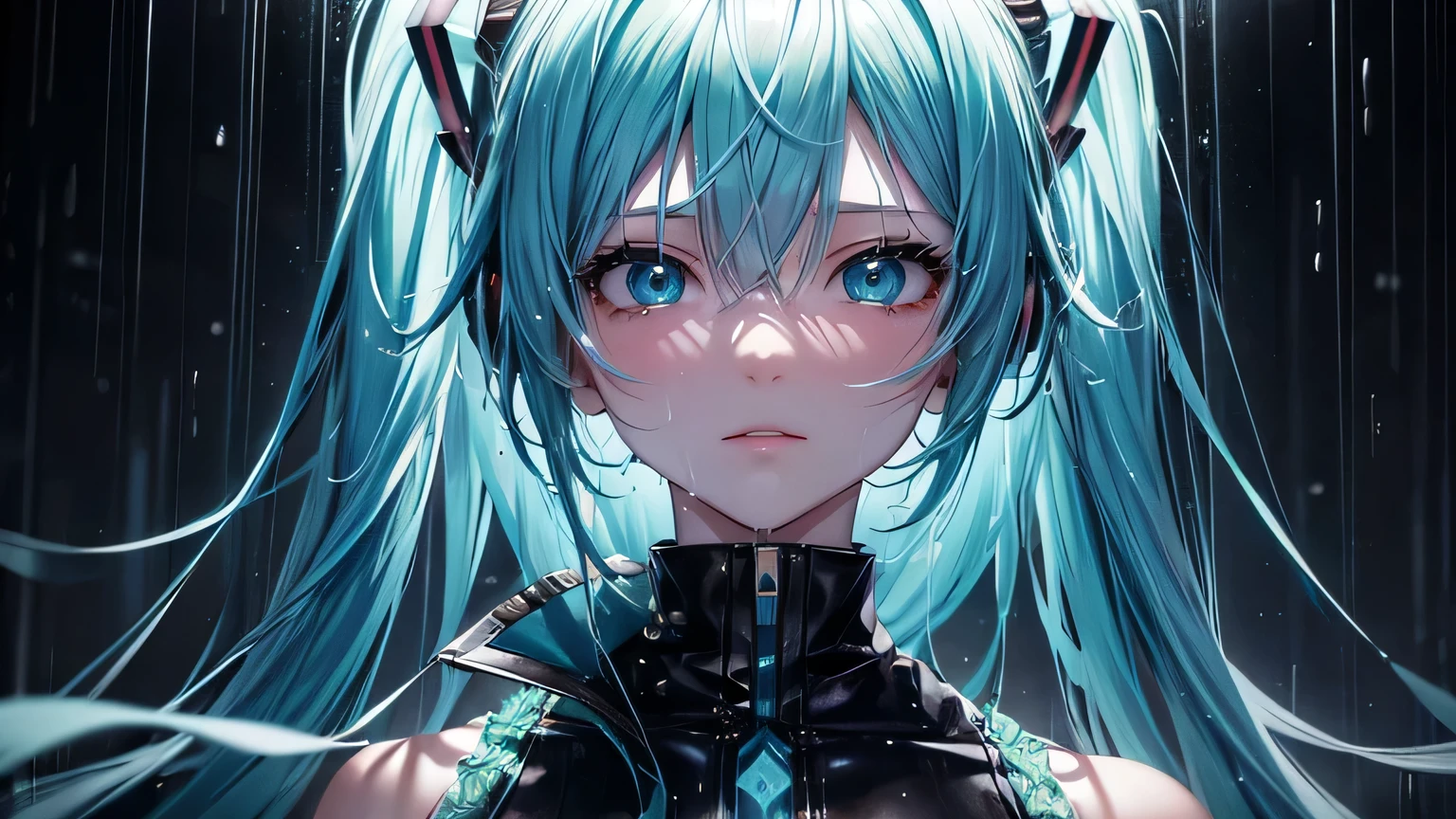 miku hatsune : 1.3, Blue Hair: , Cinema Lighting, Surrealism, Ultra-high resolution, Accurate, Super detailed, Textured skin, High detail, highest quality, 8k,Thin bangs, Detailed Hair,Focus on the face,Rainy Town,Wet clothes,rain,Cute clothes,